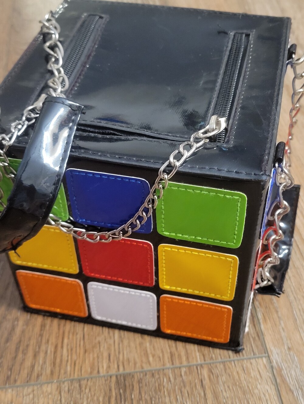 Women’s Black Cube Crossbody Bag with Color Block Panels